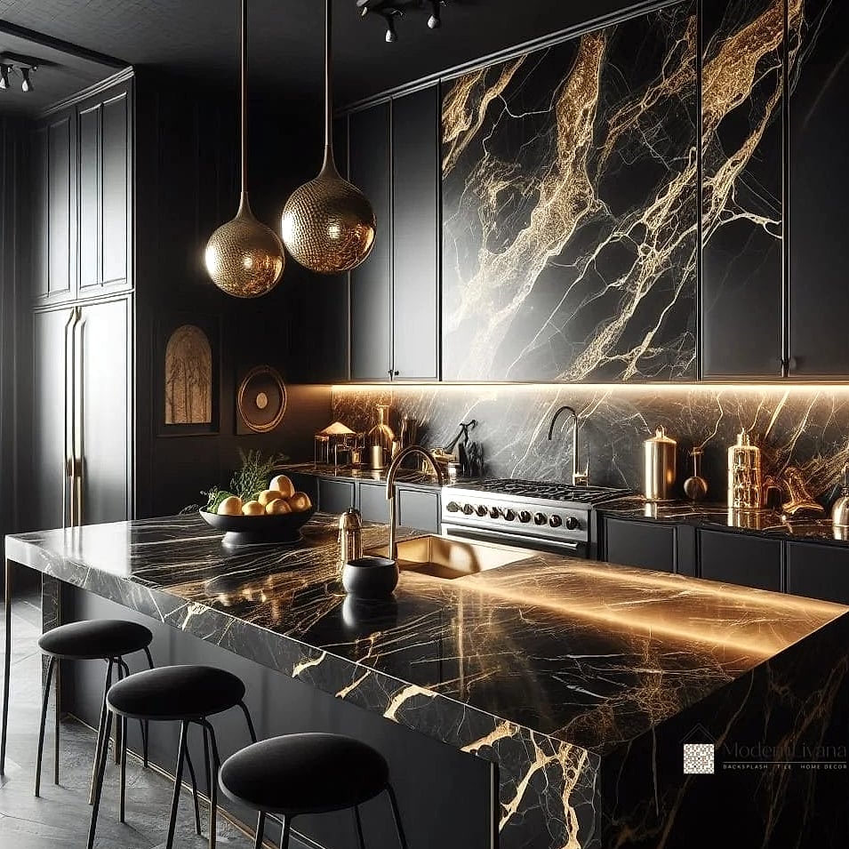 Black Countertops with Gold Veining