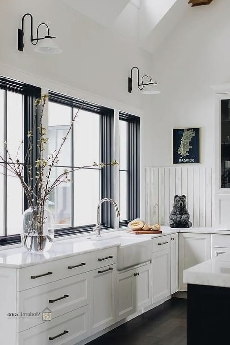 Black Framed Windows in an All-White Kitchen