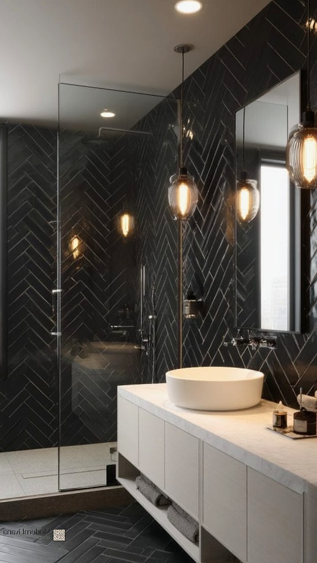 Black Herringbone Tile Backsplash