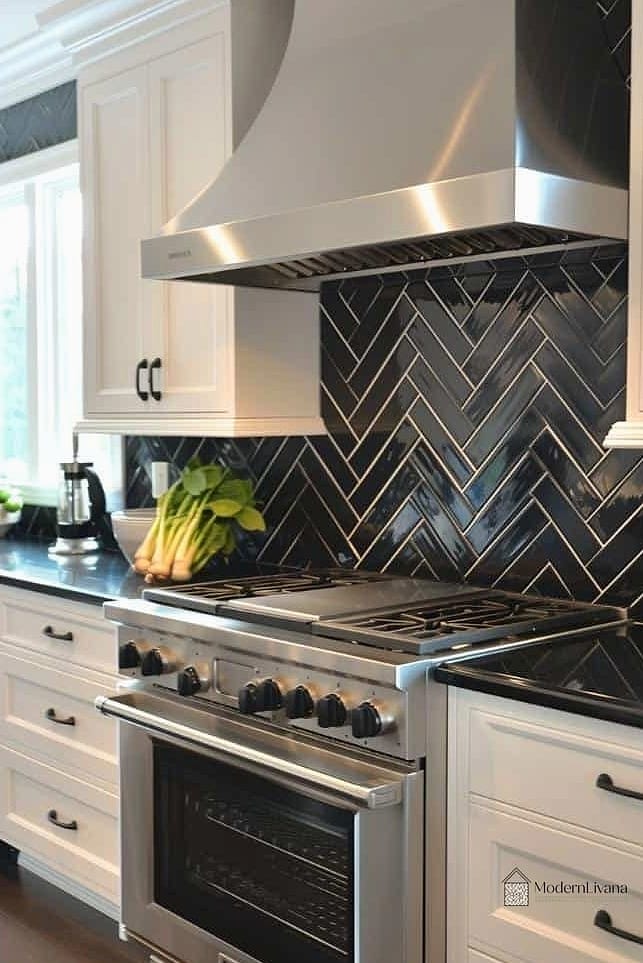 30 Black Kitchen Ideas You'll Want to Save Right Now 19 Black Herringbone Tile Floor