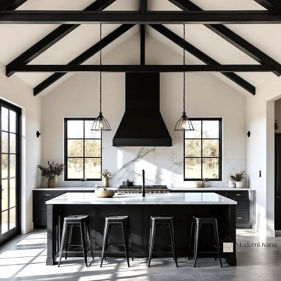 28 White Farmhouse Kitchen Ideas That Look Expensive But Aren't 7 Black Iron Pendant Lights Over the Island