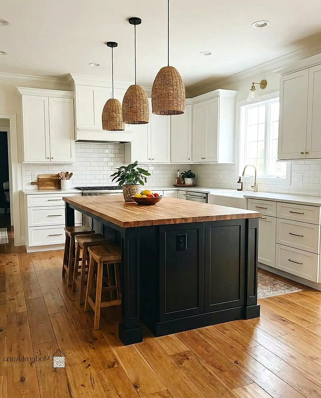 Black Kitchen Island with White Perimeter Cabinets
