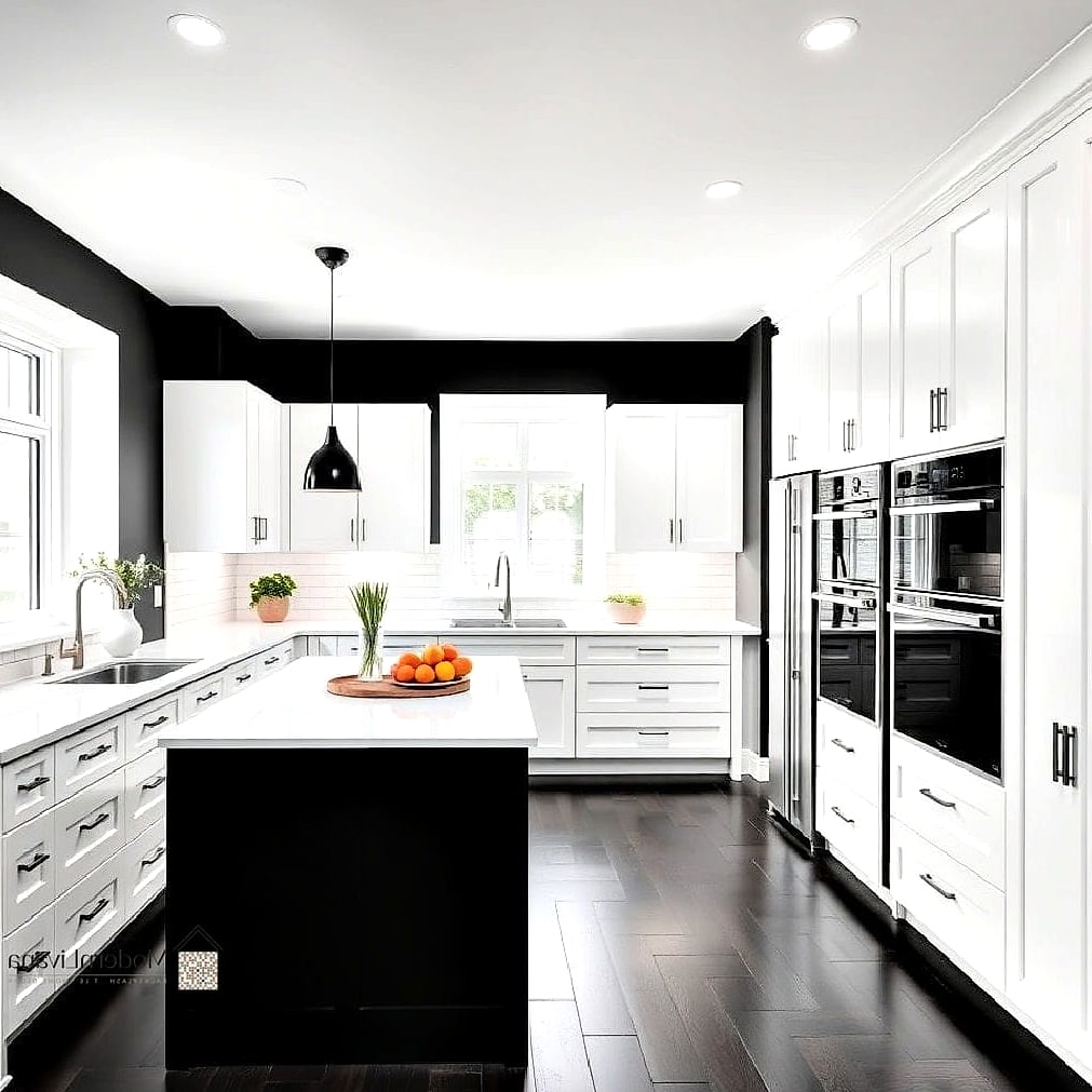 Black Kitchen Island with White Perimeter Cabinets