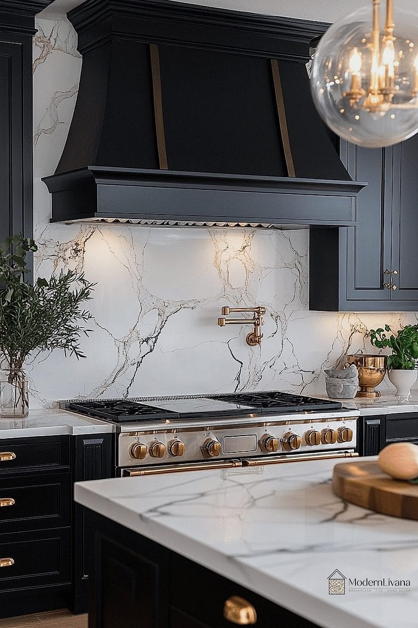 Black Kitchen with Marble-Look Backsplash