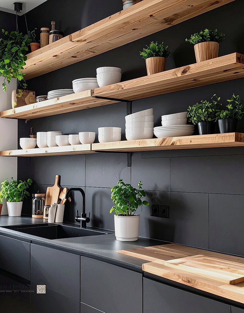 30 Black Kitchen Ideas You'll Want to Save Right Now 12 Black Kitchen with Open Shelving