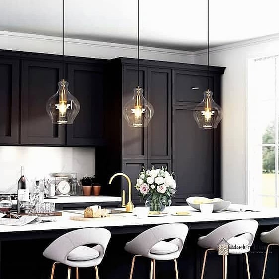 30 Black Kitchen Ideas You'll Want to Save Right Now 20 Black Kitchen with Brass Pendant Lights
