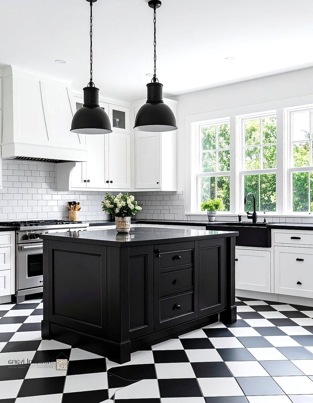 30 Black Kitchen Ideas You'll Want to Save Right Now 24 Black Kitchen with Checkerboard Floor