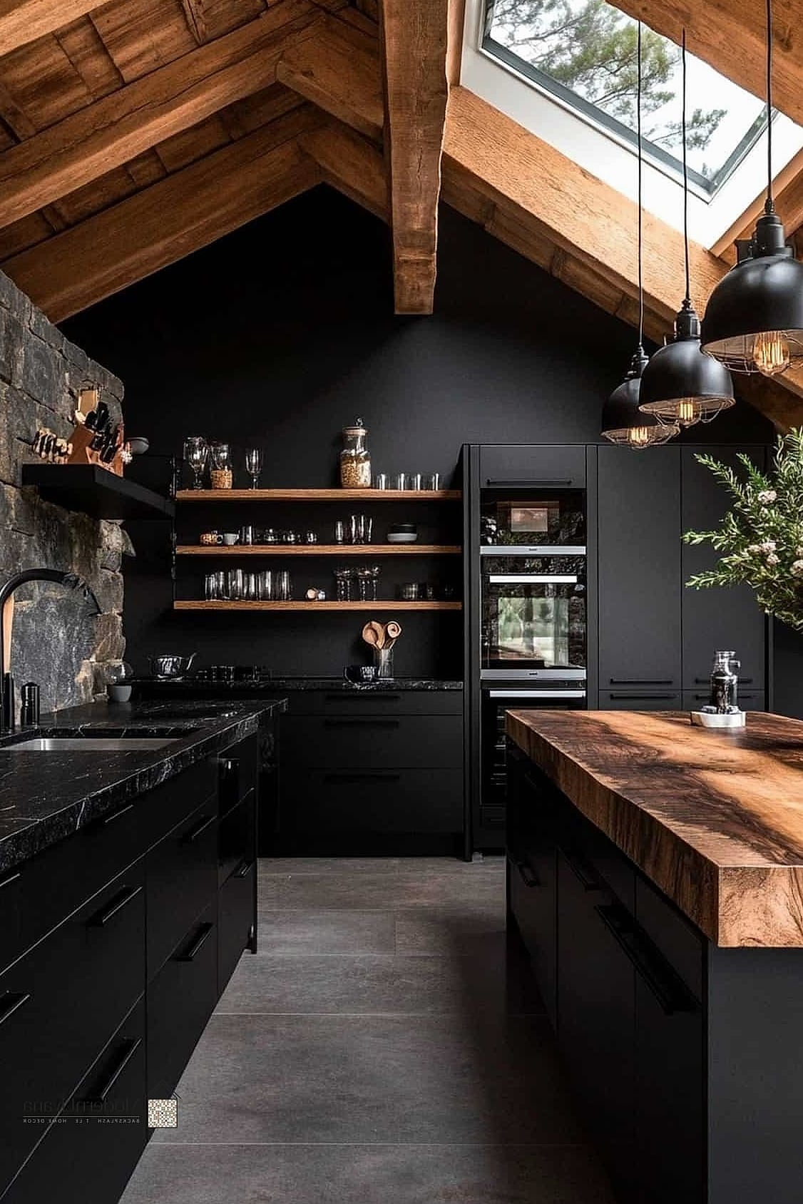 30 Black Kitchen Ideas You'll Want to Save Right Now 27 Black Kitchen with Exposed Wood Beams