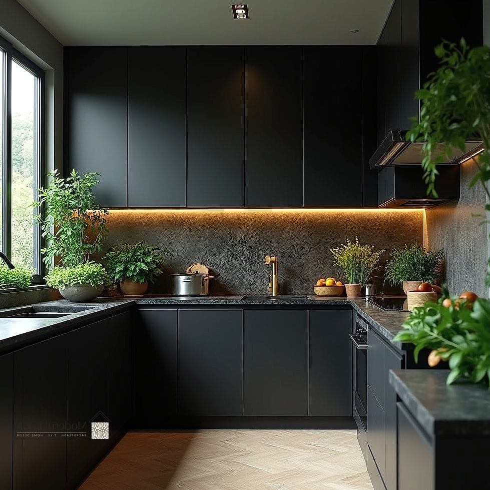 30 Black Kitchen Ideas You'll Want to Save Right Now 31 Black Kitchen with Greenery