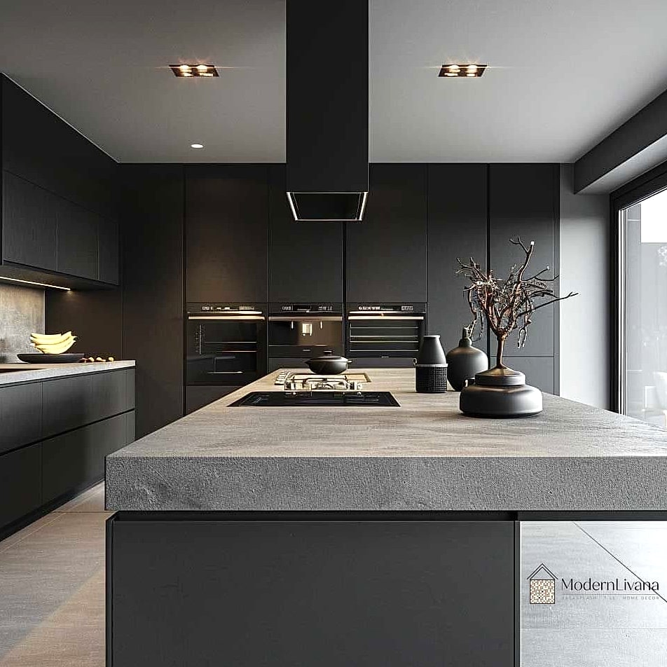 Black Matte Fixtures Against Gray Cabinetry