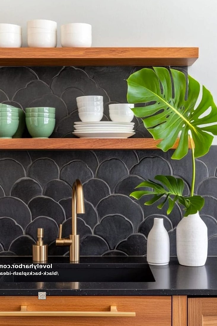 Black Scalloped or Fish-Scale Tile