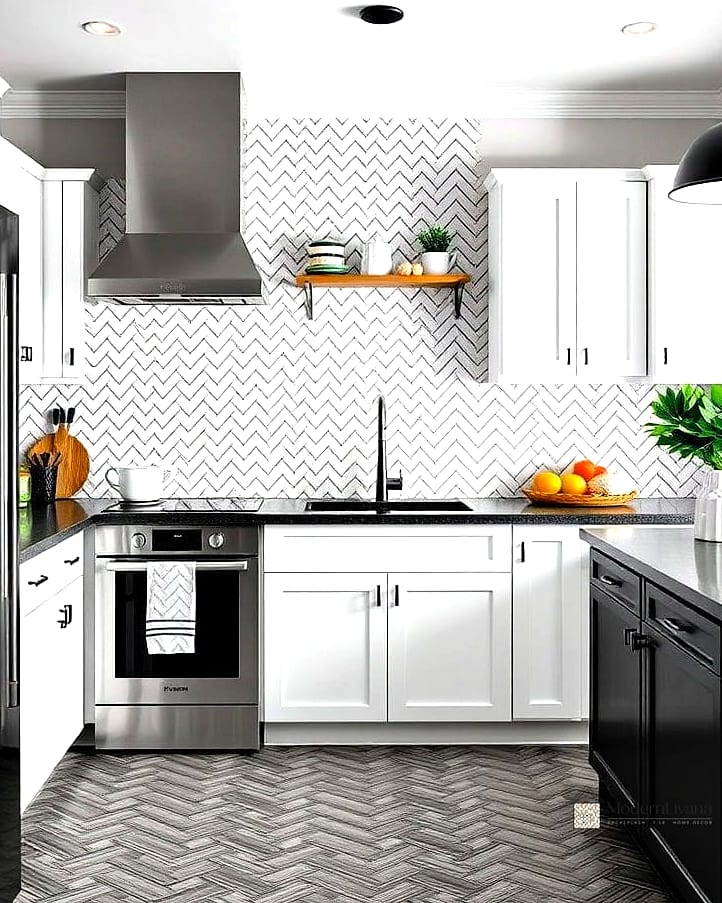 Black and White Herringbone Backsplash
