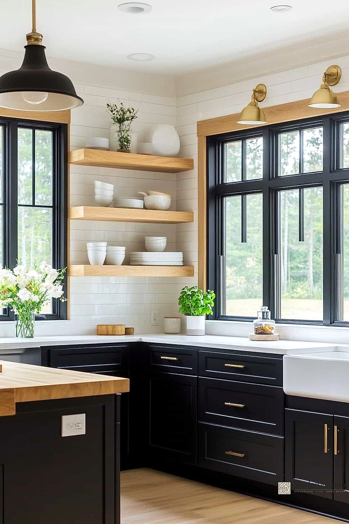 Black and White Kitchen with Warm Wood Accents