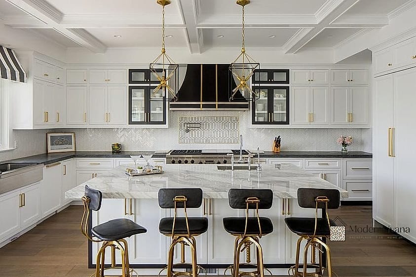 Black and White Kitchen with Brass Accents