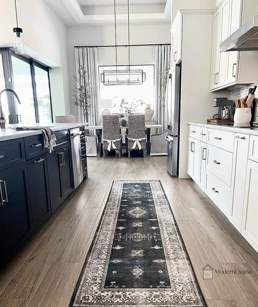 Black and White Kitchen Runner with Greenery