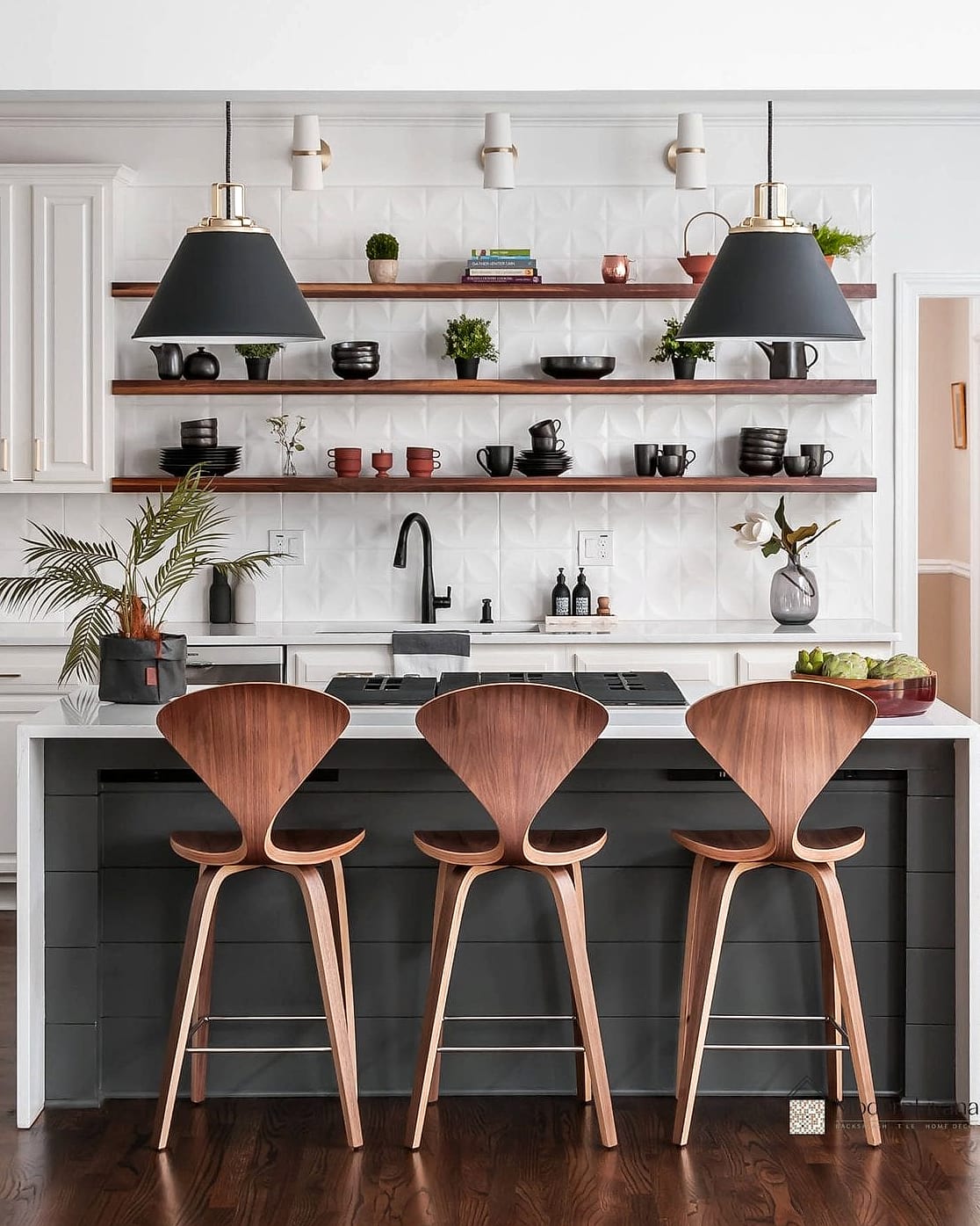 Black and White Kitchen with Open Shelving