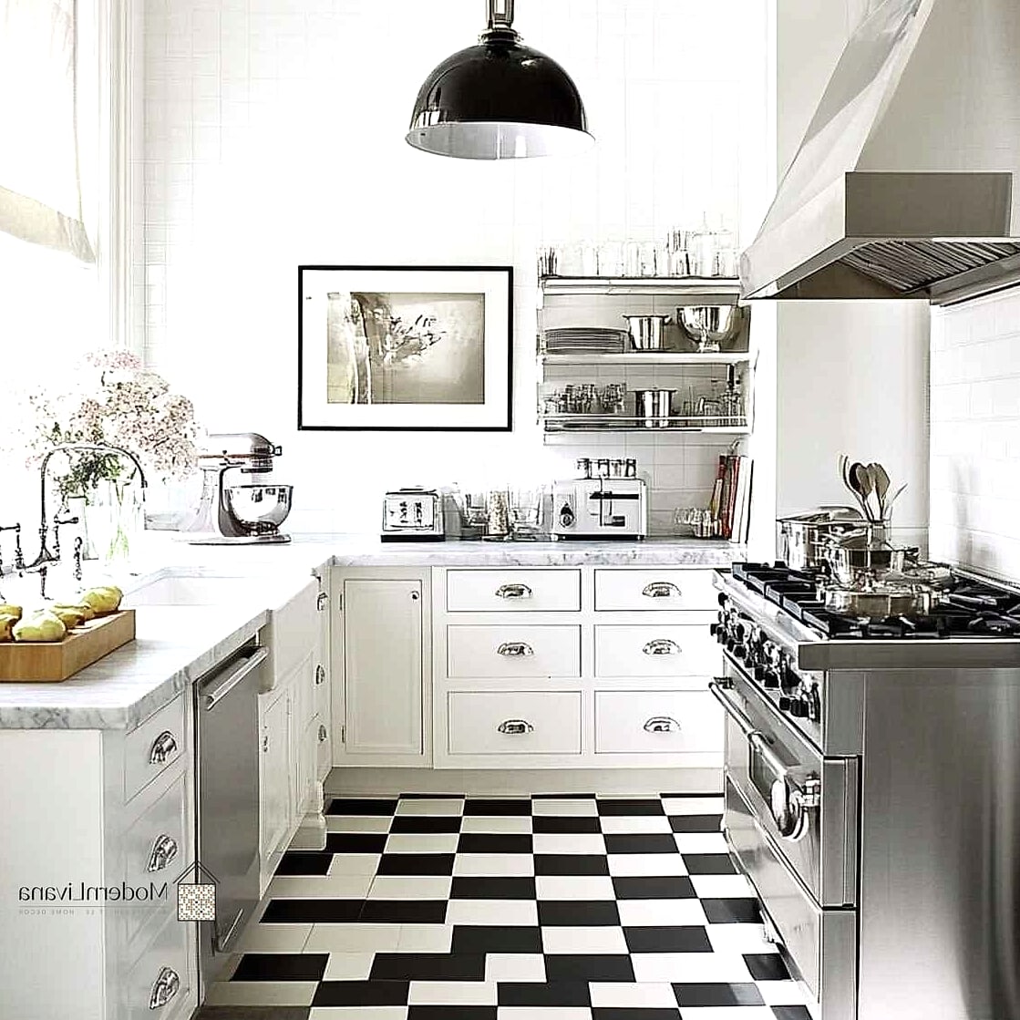 Black and White Checkerboard Floors with Matching Cabinets