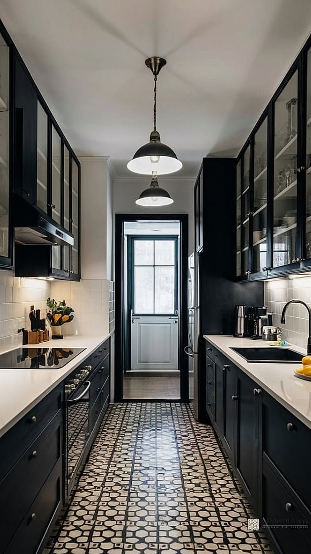Black and White Cabinets in a Galley Kitchen
