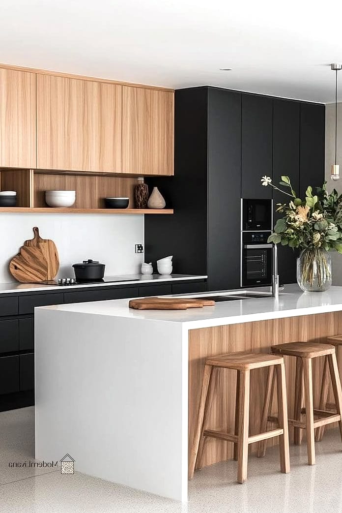 Black and White Cabinets with Warm Wood Floating Shelf