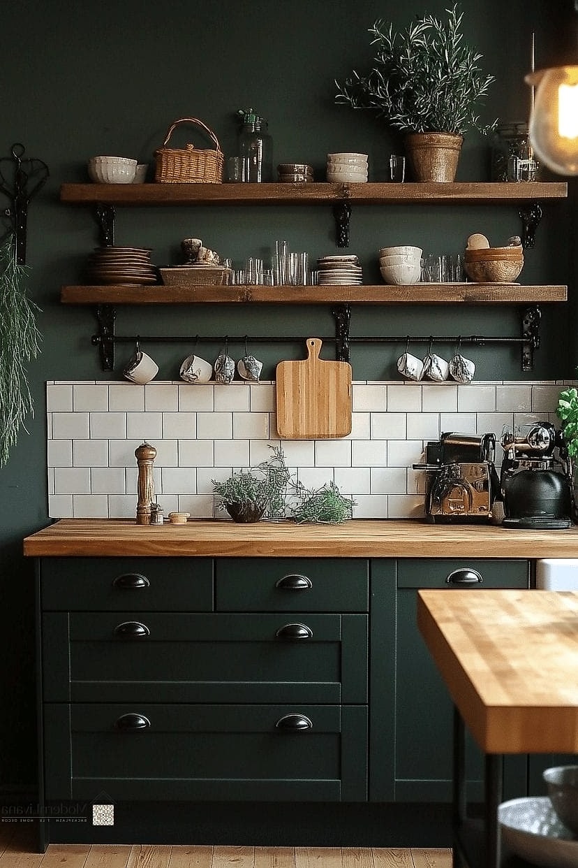 Black and White Kitchen with Greenery and Warm Accents