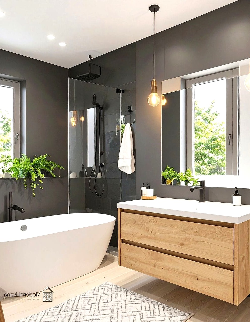 Black and Wood Scandinavian Bathroom