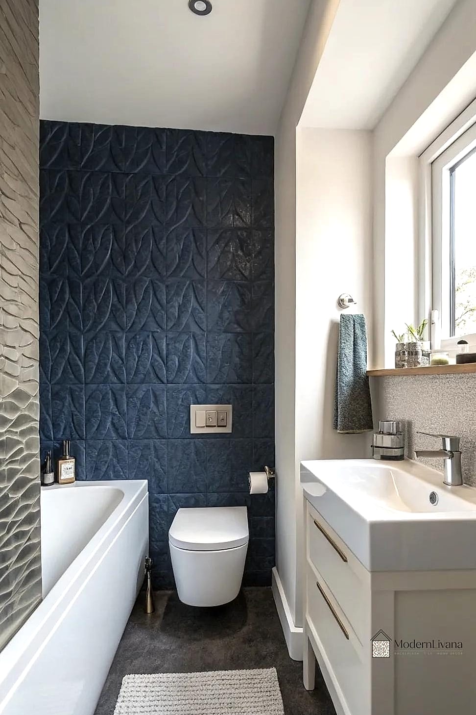 Blue Accent Wall Behind a Freestanding Sink