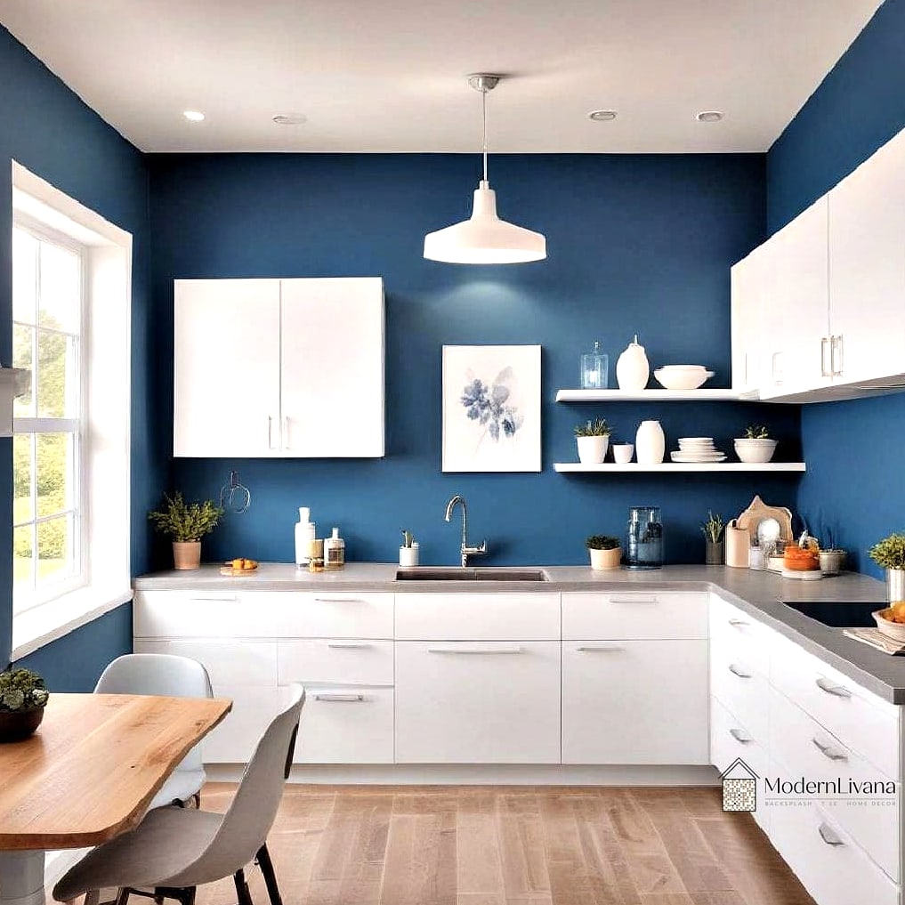 23 Blue and White Kitchen Ideas to Show Your Contractor 14 Blue Accent Wall Behind Open Shelving