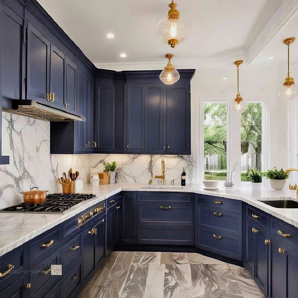 Blue Cabinets with Marble Countertops