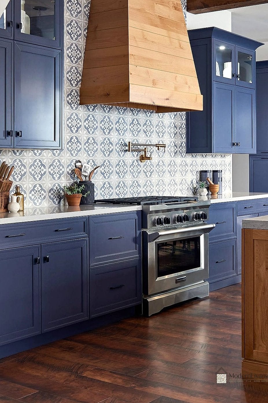 Blue Ceramic Tile with Wood Cabinets