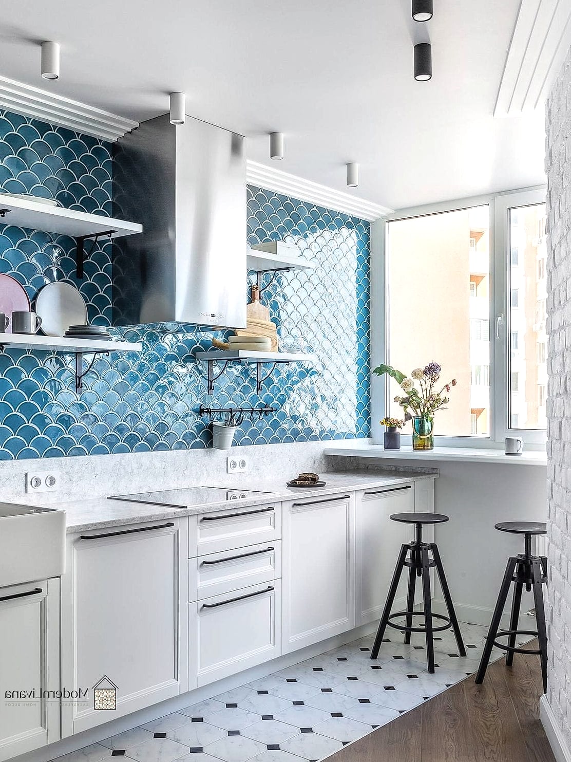Blue Fish-Scale Tile Accent Wall