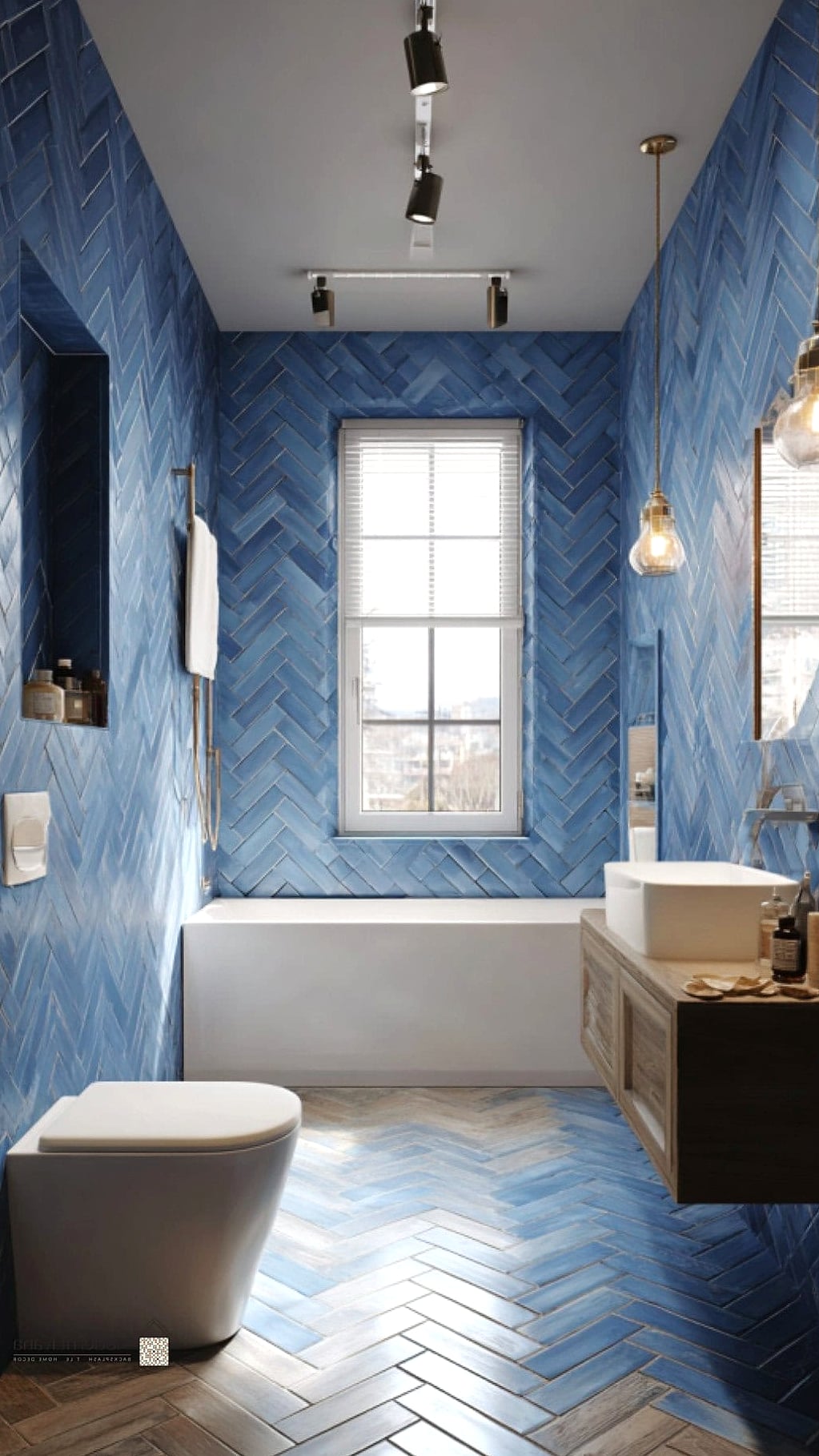 Blue Herringbone Tile Backsplash