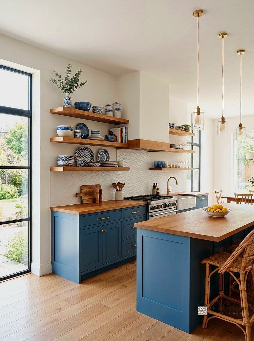 Blue Kitchen with Open Shelving