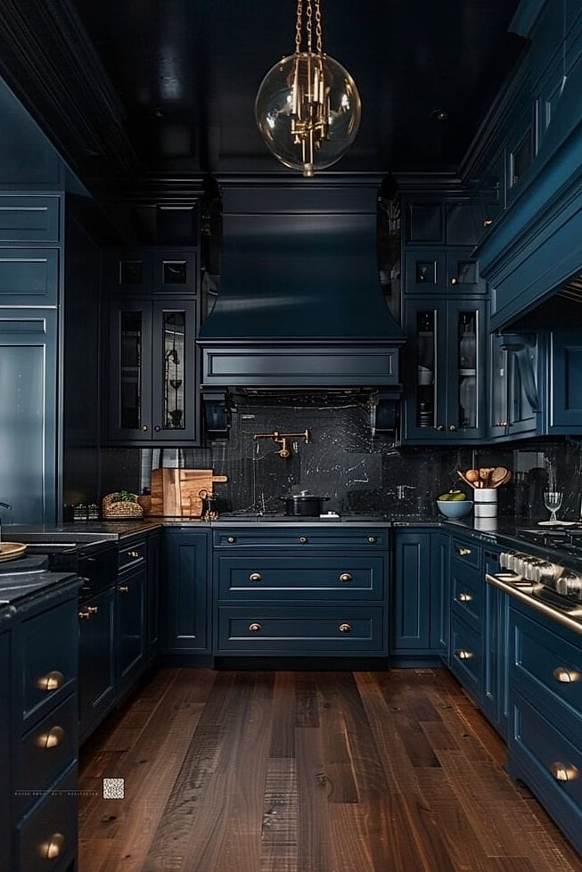 Blue Kitchen with Brass and Black Mixed Metals