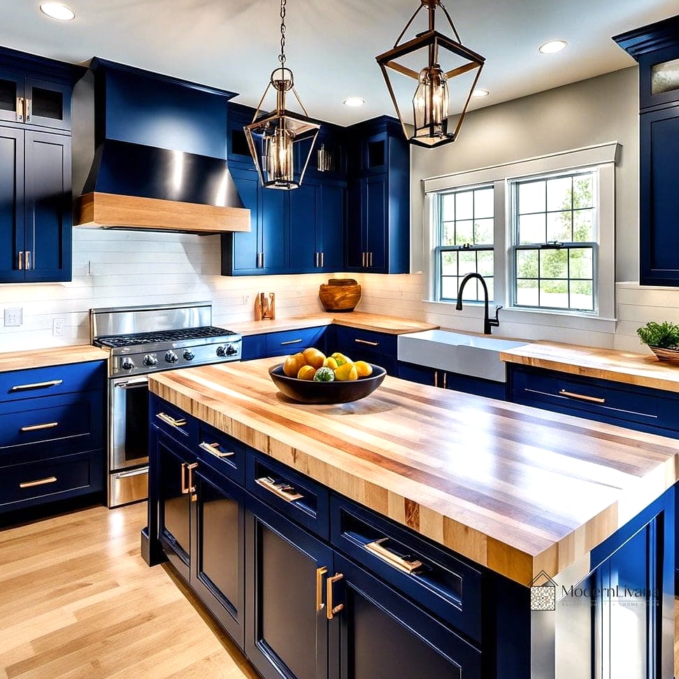 Blue Kitchen with Butcher Block Counters