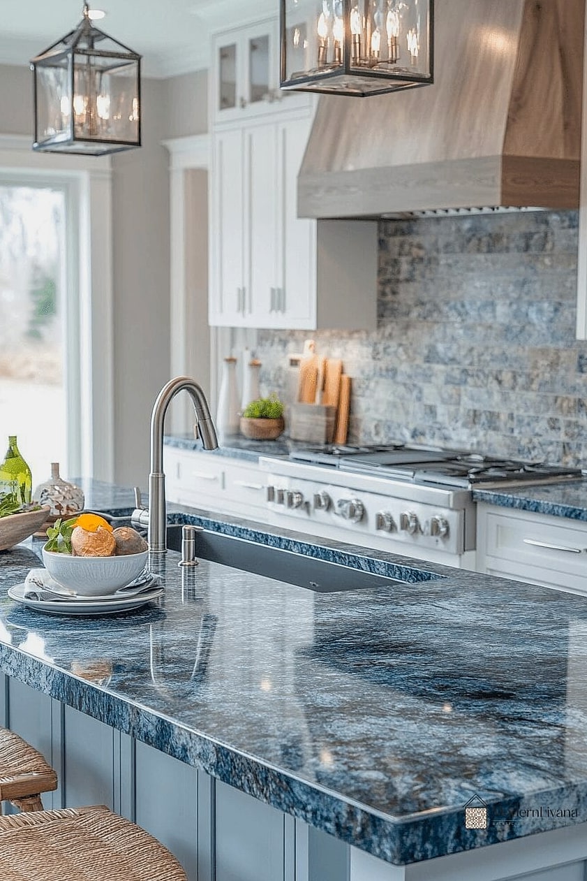 Blue Kitchen with Natural Stone Countertops