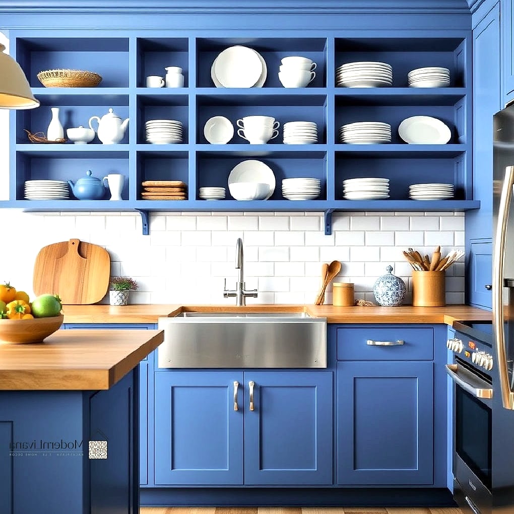 Blue Kitchen with Open Shelving and Baskets