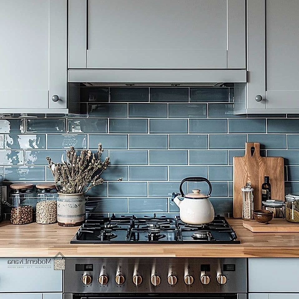 Blue Tile with Wood Open Shelves