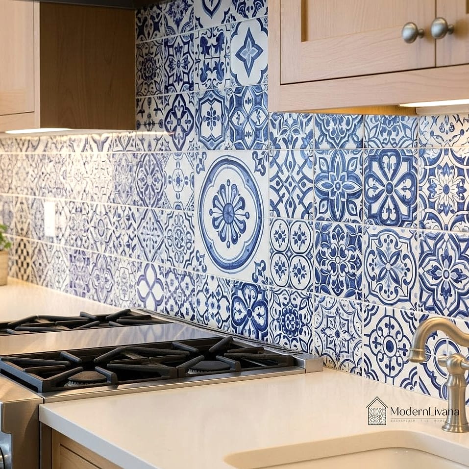 Blue and White Encaustic Cement Tile Backsplash