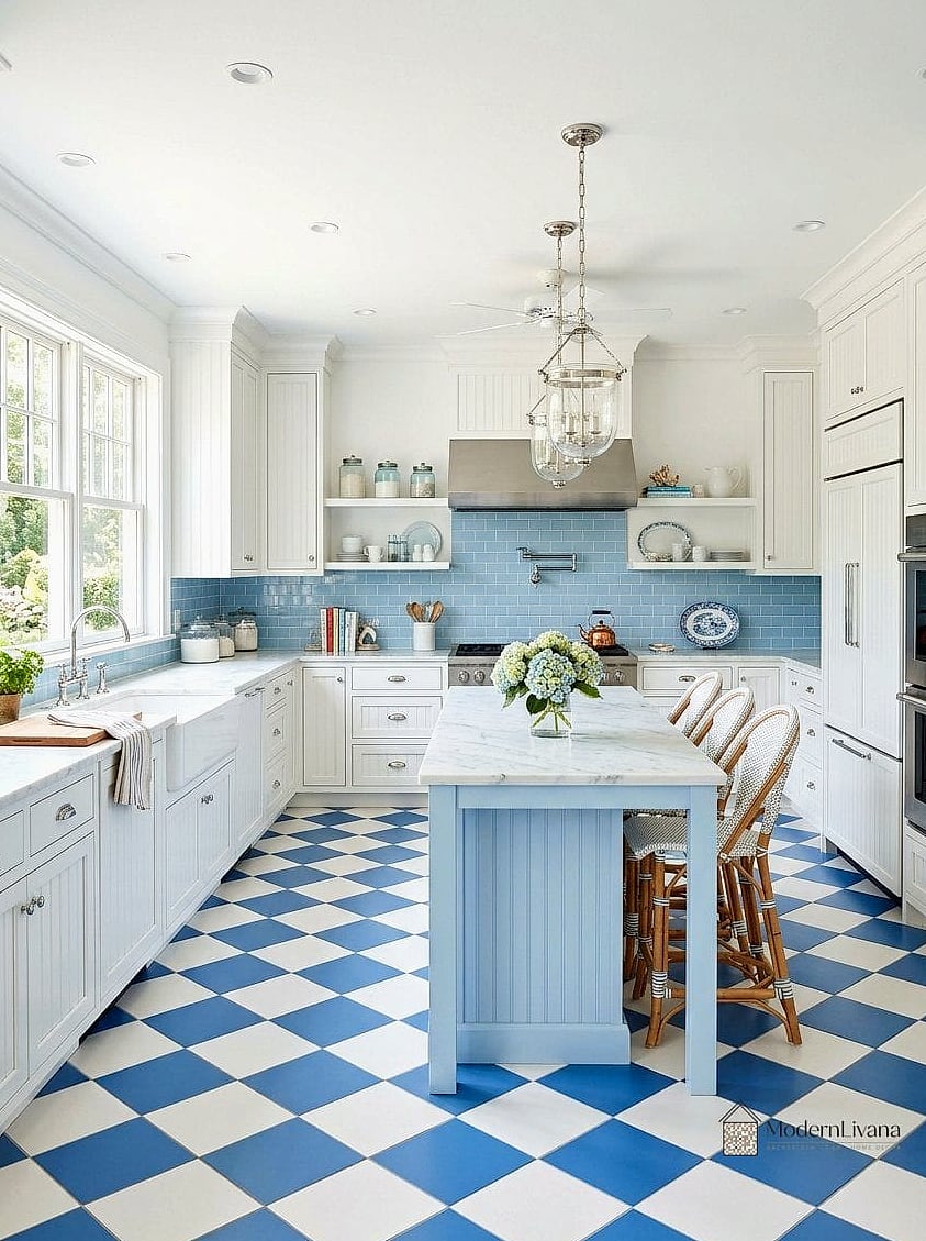 23 Blue and White Kitchen Ideas to Show Your Contractor 18 Blue and White Checkerboard Floor