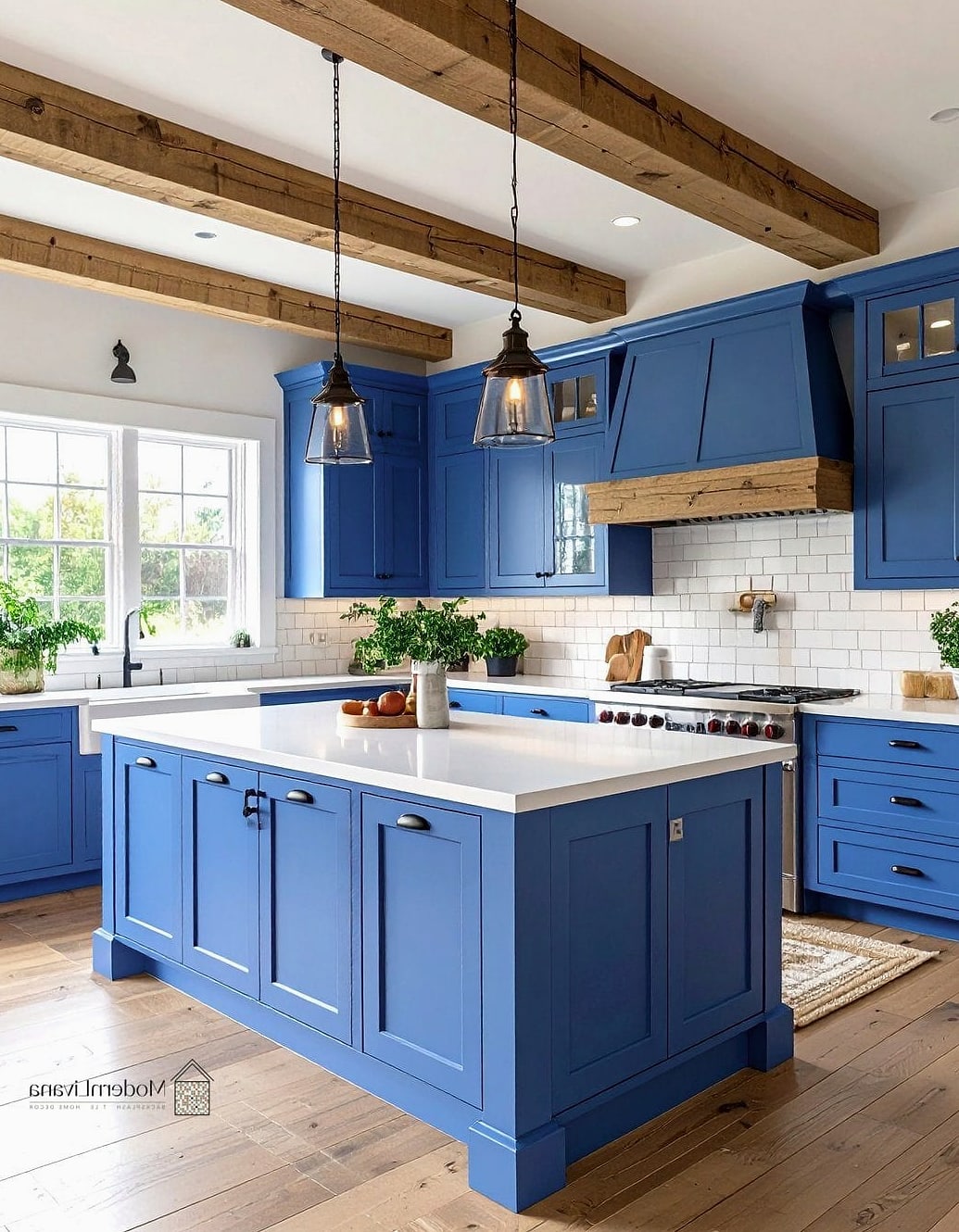 Blue and Wood Combination Kitchen