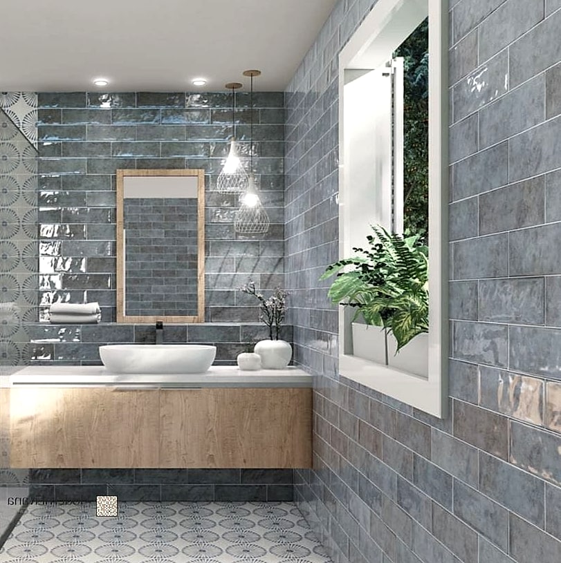 Blue Zellige-Style Tile Accent Wall