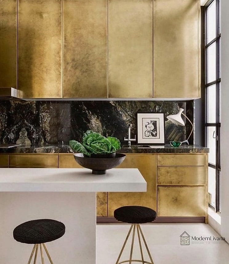 27 Metal Kitchen Ideas to Inspire Your Next Renovation 8 Brass Cabinet Inlays