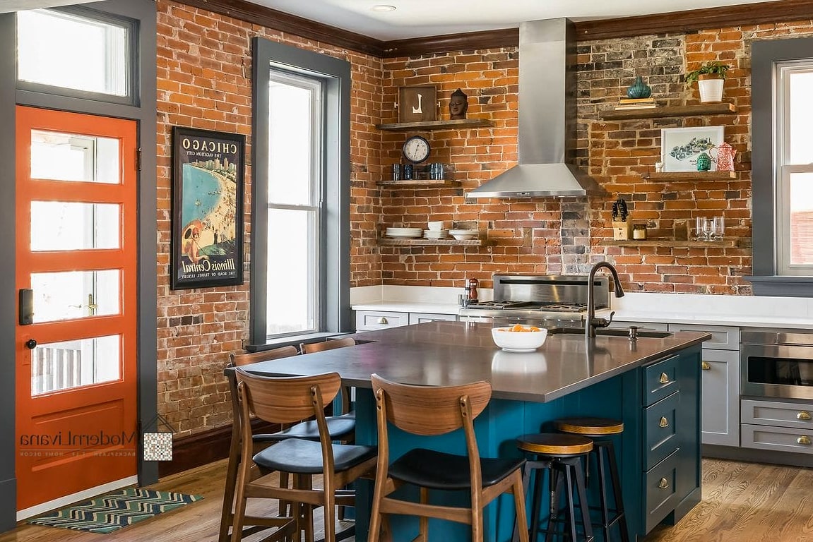 Brick-Red Kitchen with Exposed Wood Beams