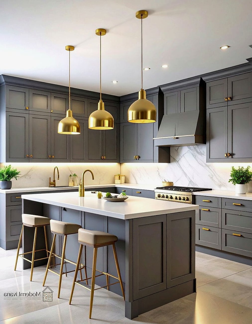 Brushed Brass Hardware Against Gray Cabinetry