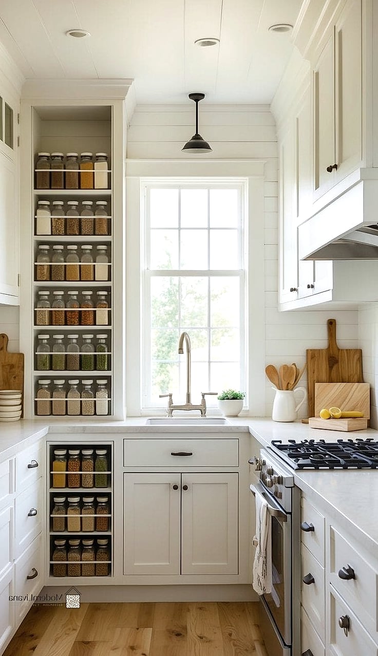 28 Galley Kitchen Ideas Worth Bookmarking Before You Renovate 21 Built-In Spice Racks