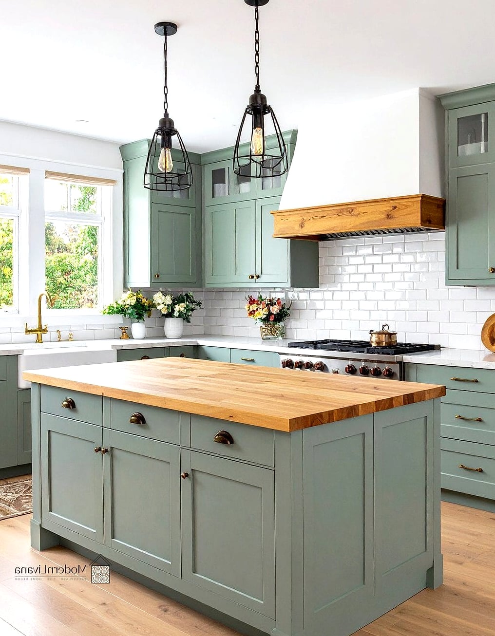 Butcher Block Islands with Stone Perimeter Counters