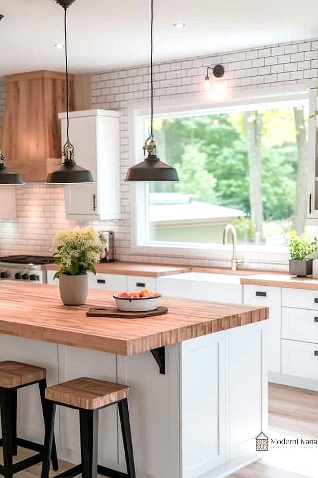 30 White Modern Kitchen Ideas Worth Bookmarking Before You Renovate 11 Butcher Block Countertop Paired with White Cabinets