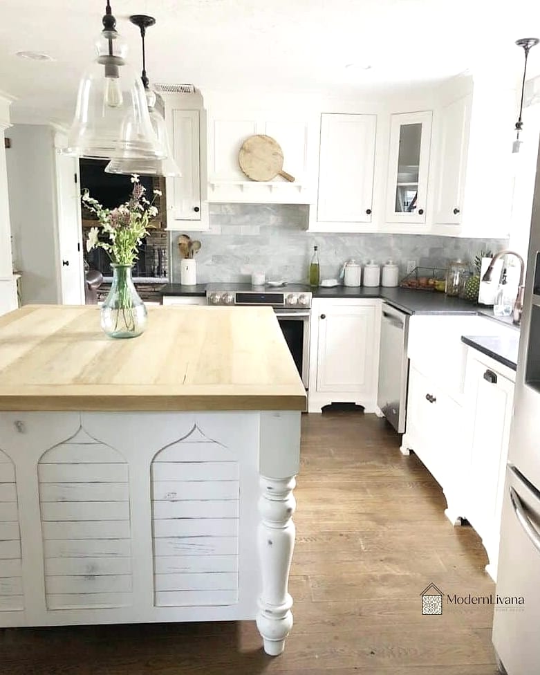 28 White Farmhouse Kitchen Ideas That Look Expensive But Aren't 9 Butcher Block Countertop Accent