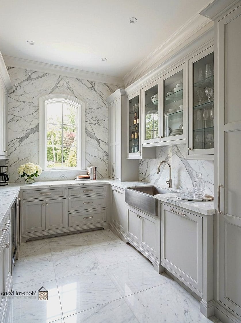 Butler's Pantry with White Marble Counters