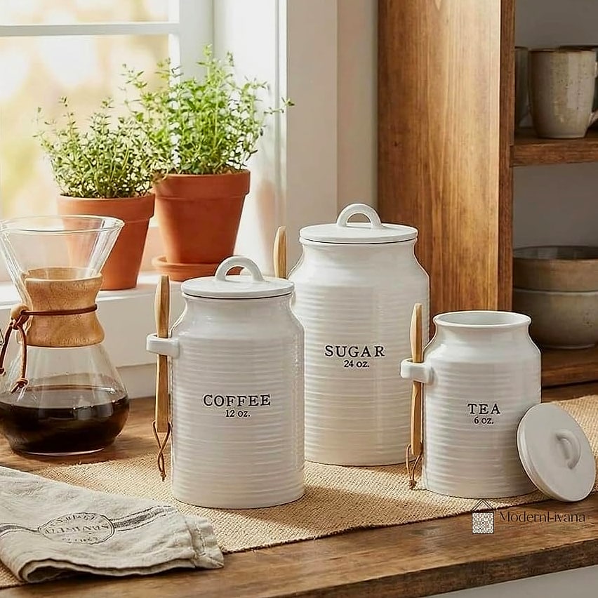 28 White Farmhouse Kitchen Ideas That Look Expensive But Aren't 25 Ceramic Canisters and Crocks on the Counter